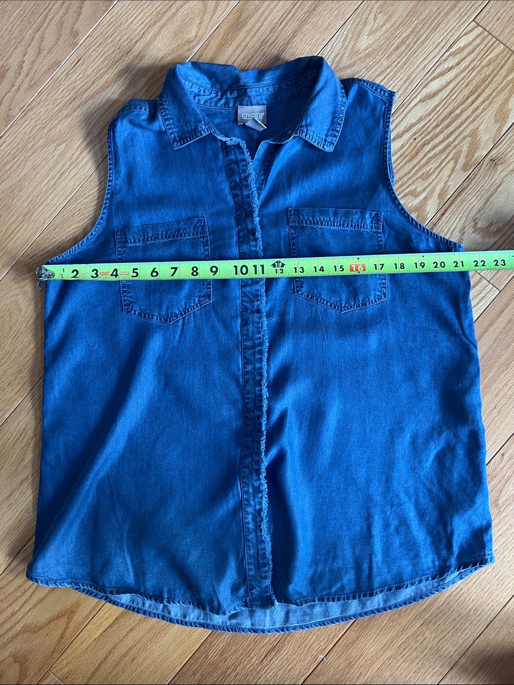 Chico's Sleeveless Chambray Button-Down Shirt in Denim Blue with fringed accents - Picture 5 of 7